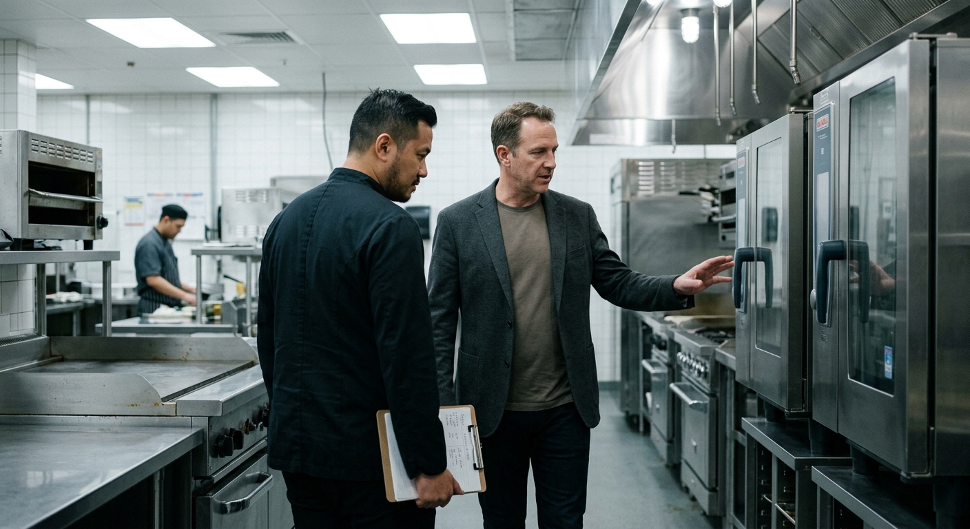 Raoni Saade conduzindo walkthrough operacional em cozinha cliente