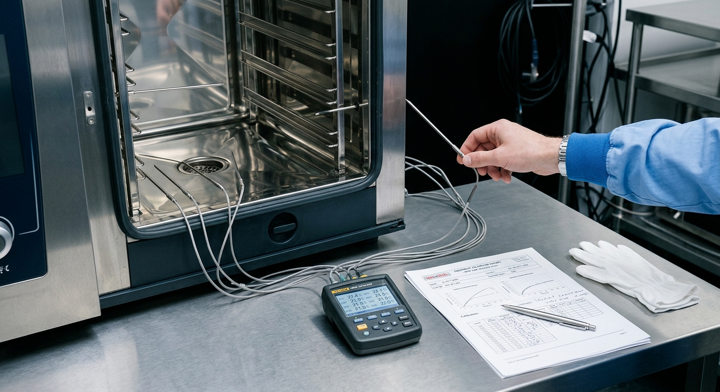 Setup de validação — probe thermometers em forno combinado com datalogger