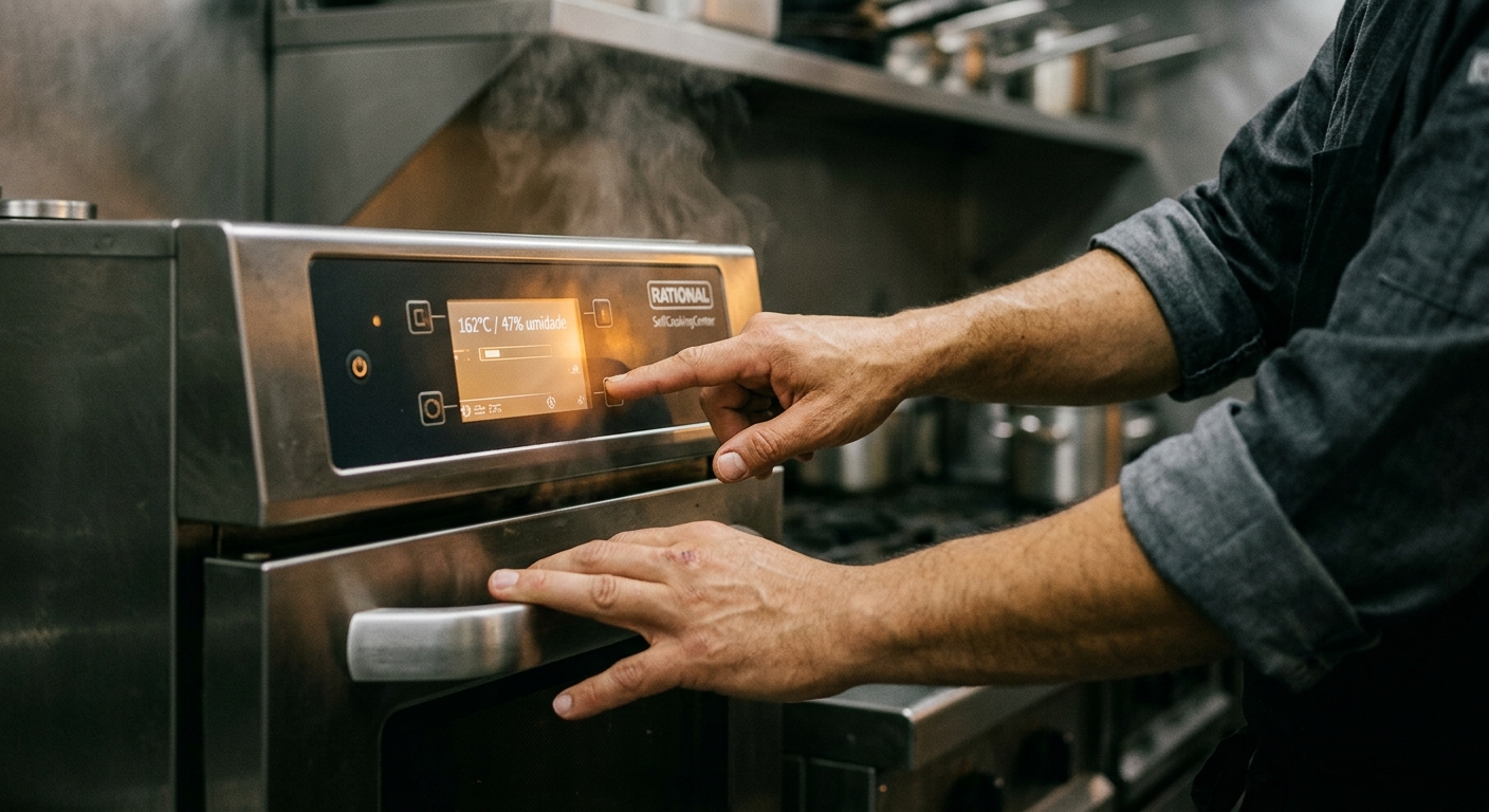 Raoni Saade ajustando controles de um forno combinado